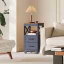Tall Nightstand Set of 2 Side Table with 2 Drawers Modern Night Stand Wooden Rustic End Table Bedside Table with Upper Open Shelf Solid Feet for Bedroom Navy Blue+Walnut, Bottom Drawers