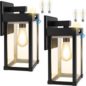 Solar Wall Lights Outdoor with 3 Lighting Modes & Motion Sensor, Solar Porch Light with 2 Bulbs, Waterproof Outdoor Wall Sconce Lantern Lamp Fixture for Garage Porch Shed Barn Yard Garden Front Door (Black (2 Pack))