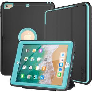 DUNNO Case Compatible with iPad 6th/5th Generation 9.7-Inch 2017/2018, Three Layer Heavy Duty Full Protection Case with [Auto Sleep/Wake] Stand Design for iPad 5/6 Generation (Black+Light Blue)