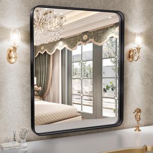 Hasipu Black Bathroom Mirror for Vanity 2224 Inch Round Corner Rectangle Wall Mirror Metal Framed Anti Rust Surface Mount (Horizontal/Vertical) (24"L x 22"W)
