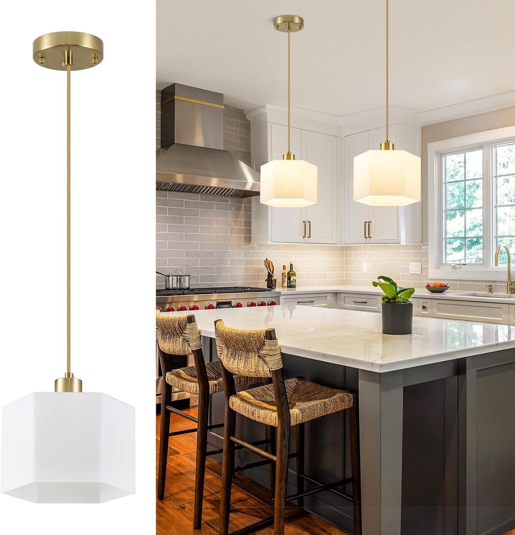 Milk Glass Pendant Lights Kitchen Island 2 Pack, Modern Gold Hanging Light Fixture, Mid-Century Hexagonal Ceiling Lamp, Mini Farmhouse Chandelier for Dining Room Sink Bathroom Bedroom Hallway