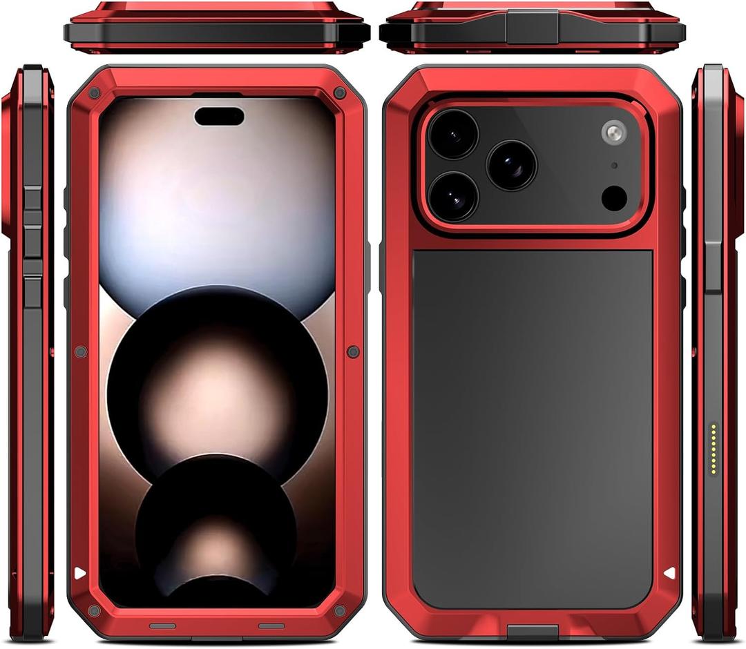 Marrkey Compatiable with iPhone 17 Pro Case,360 Full Body Protective Cover Heavy Duty Shockproof [Tough Armour] Aluminum Alloy Metal Case with Silicone Built-in Screen Protector - Red