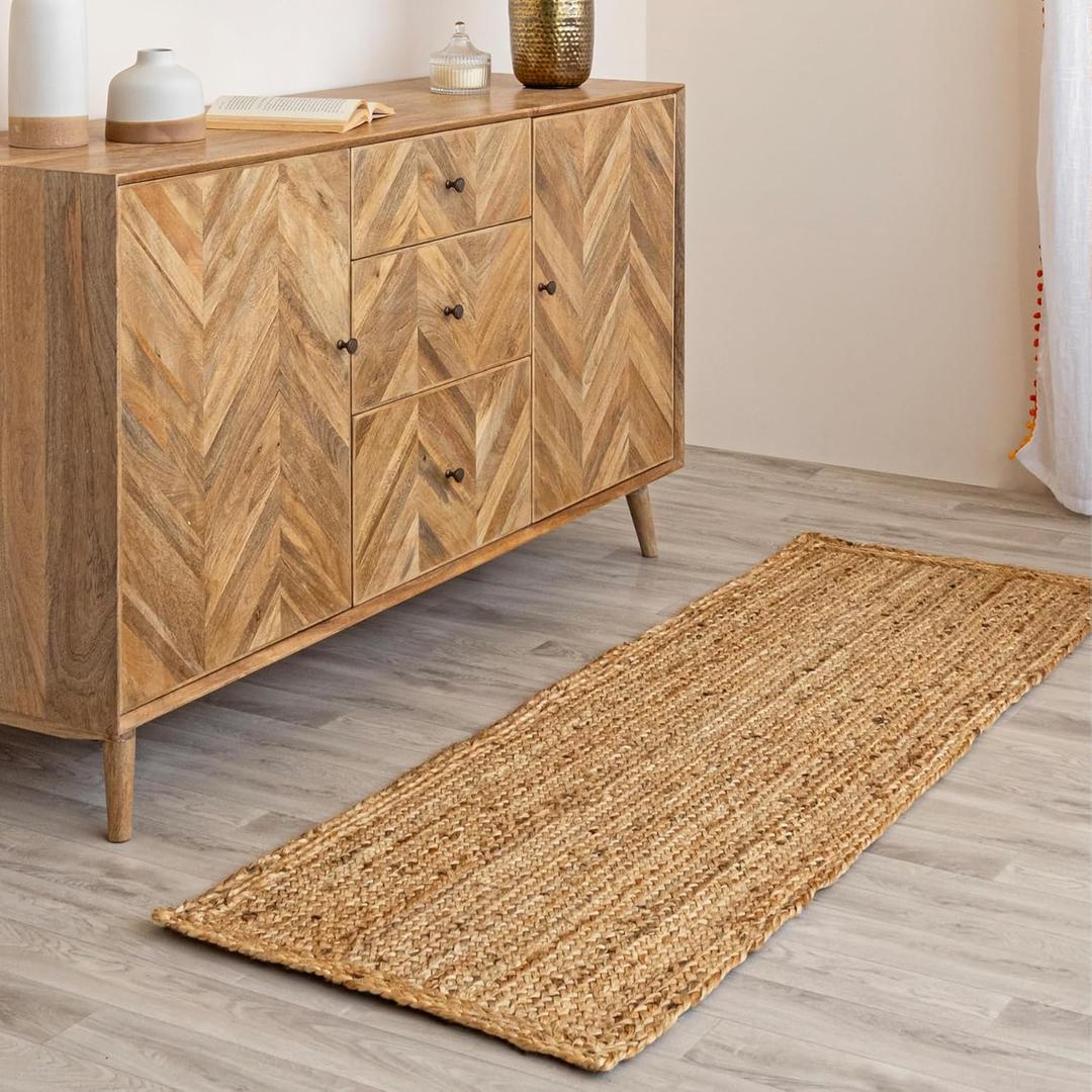 HOMEMONDE Handcrafted Woven Jute Runner Rug - Rustic Vintage Braided Reversible Area Rug - Farmhouse Indoor Floor Rug - Eco Friendly Rug for Kitchen/Hallway/Living Room/Bedroom (Natural, 2'x6') (2' x 6' (Rectangular))