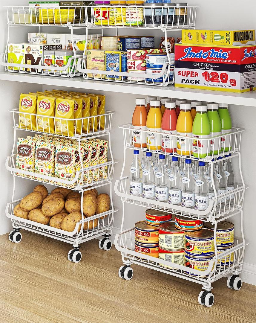 OKZEST 3-Tier Rolling Pantry Floor Organizer and Storage Cart with Wheels, Stackable Wire Pantry Baskets for Pantry Shelves, Kitchen Storage Rack and Fruit Basket Stand for Fruit Snack Onion Potato