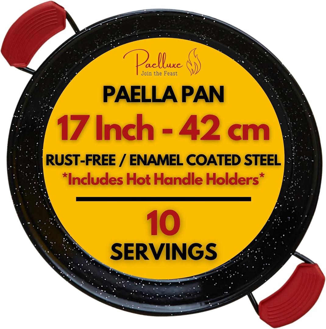 Paelluxe Paella Pan Enamelled, No-Rust Steel Skillet for Propane & Gas Burners Easy-to-Clean Pan for Indoor & Outdoor Cooking Cacerola Paellera Sarten 17 Inch, for 10 Servings
