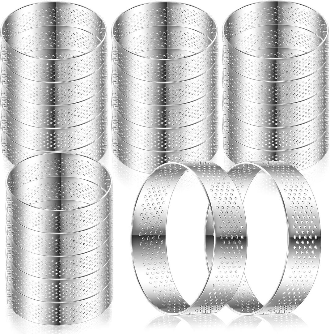 Mumufy 20 Pcs Perforated Tart Rings Round Stainless Steel Tart Rings for Baking Nonstick Metal Round Cake Ring for Pastry French Dessert Mousse Food Crisp Home Food Making Tool (2.4")