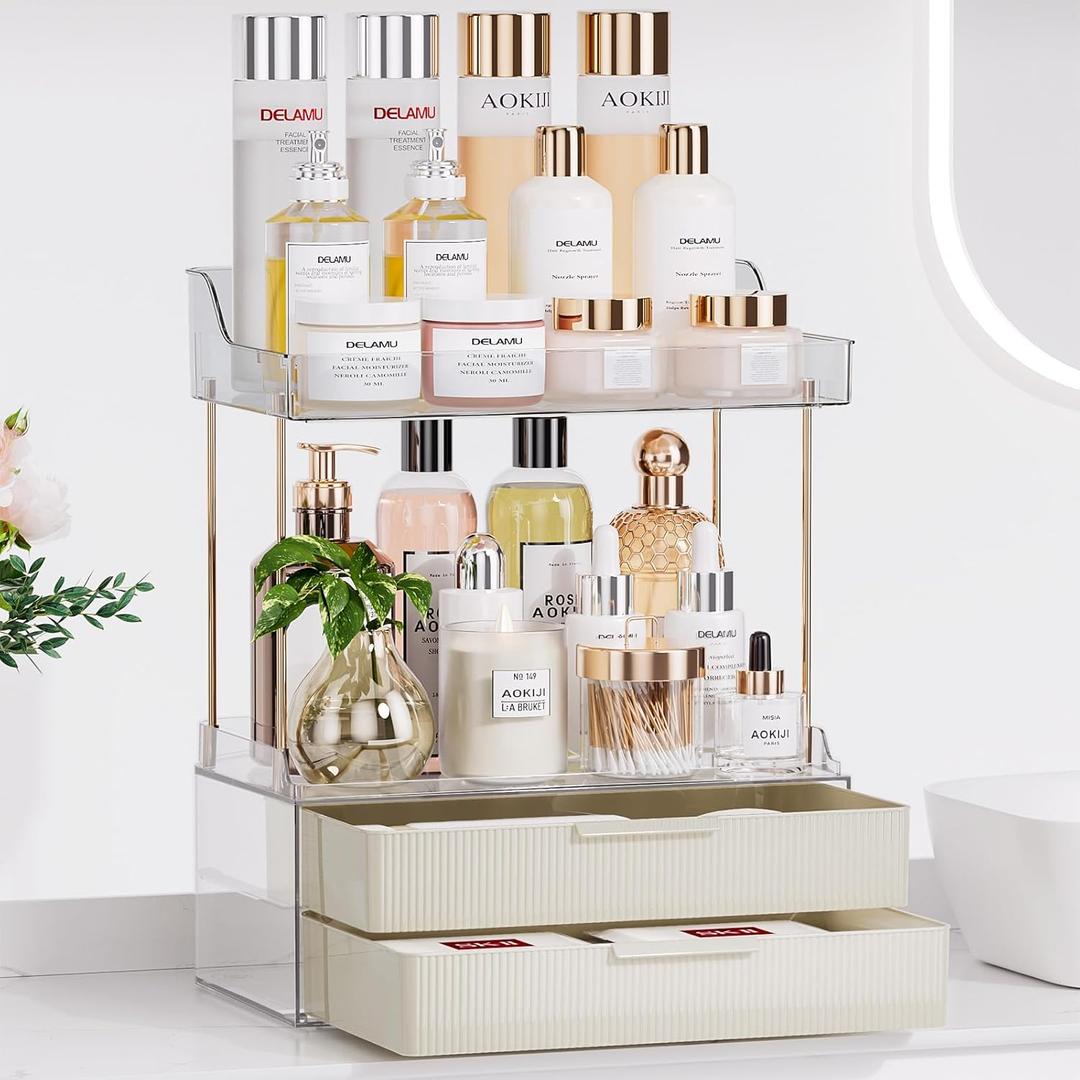 Bathroom Counter Organizer, TidyStash 2-Tier 2-Drawer Makeup Organizer Countertop, Easy to Install, Ideal for Bathroom Storage, Vanity, Perfume, Large Skincare, Present, and More, CreamWhite