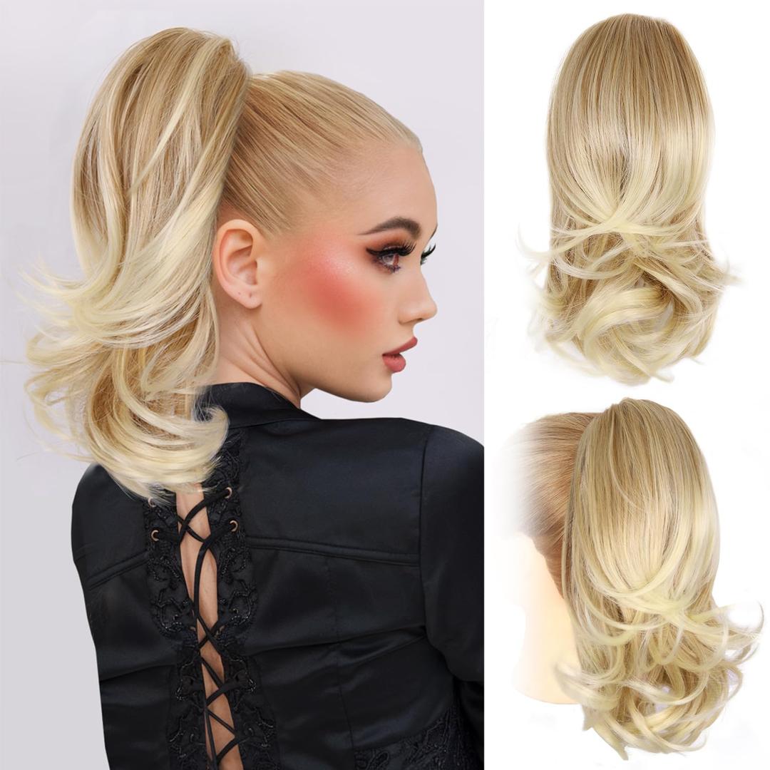 Clip on Ponytails for Women - 14 Inch Curly Ponytail Extension, Wavy Pony Tails Hair Extensions, Synthetic Hair Extensions Ponytail, Clip in Ponytail (Color: Medium Blonde With Bleach Blonde Ends)