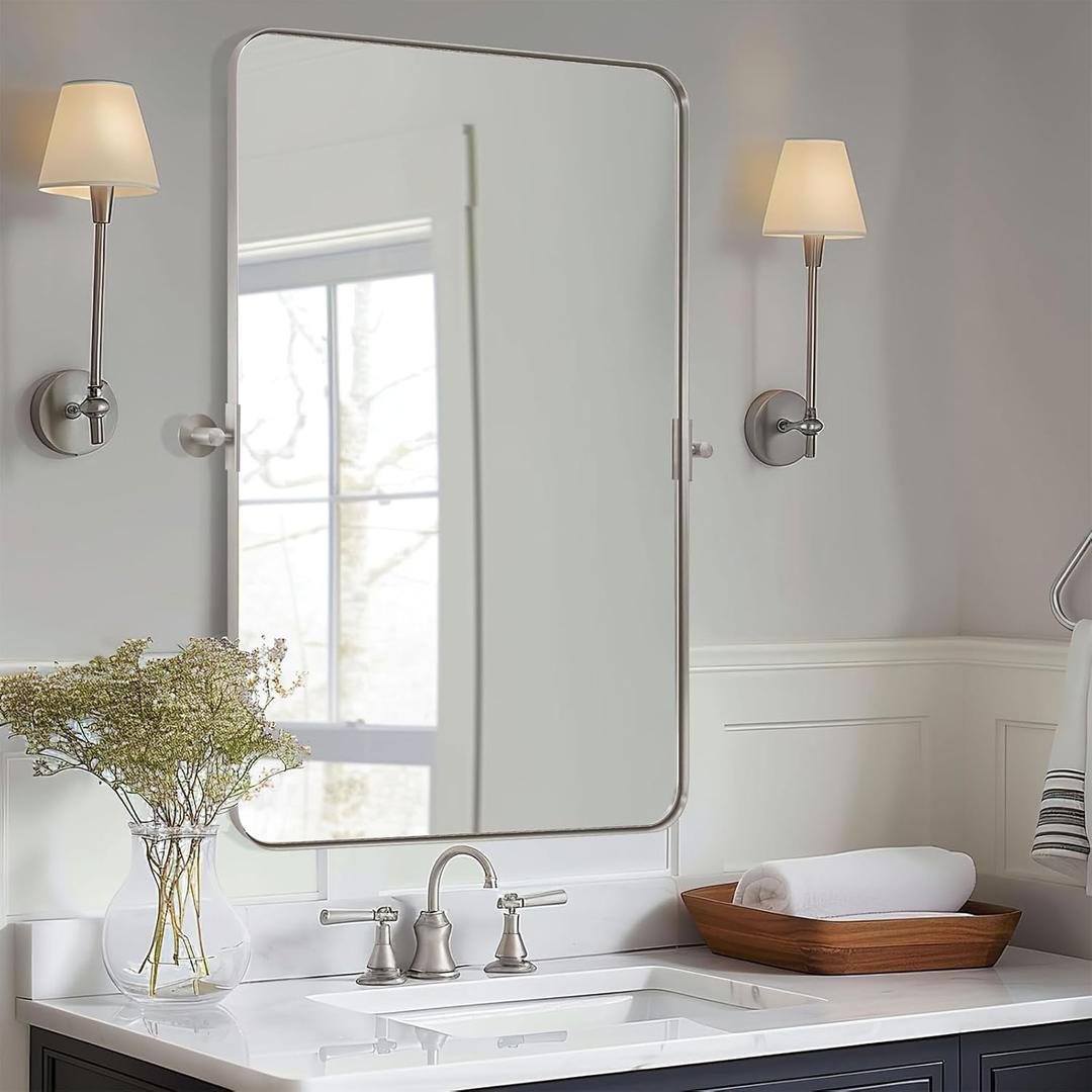 20" x 28" Brushed Nickel Metal Framed Pivot Rectangle Bathroom Mirror, Silver Tilting Rounded Rectangular Vanity Mirror for Wall Mounted Hangs Vertical Only