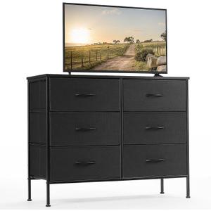 DUMOS TV Stand for Living Room, Dresser for Bedroom Chest of Dresser with 6 Fabric Drawers Storage Organizers Units, Nightstand for Bed, Black