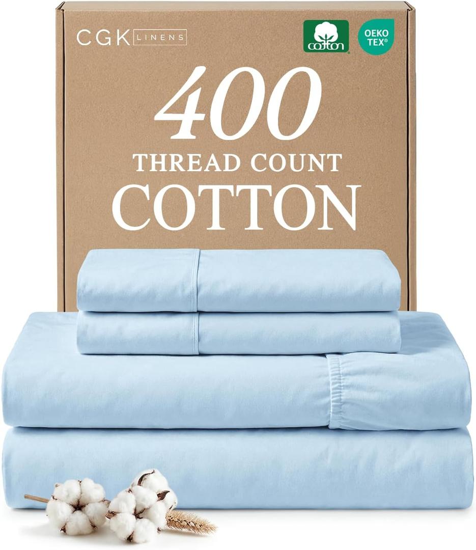 King Sheet Set - 100% Cotton Sheets - 4 Piece King Size Cotton Bed Set with Deep Pockets up to 16 Inches - Ultra Soft, Breathable & Cooling - Fade and Stain Resistant - Machine Washable - Light Blue