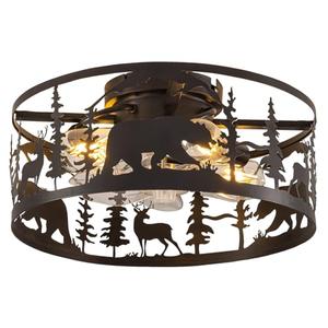 YEDAORL Farmhouse Caged Ceiling Fans with Lights and Remote Control,Rustic Black Chandelier Fan with Bear Deer Design,Flush Mount Low Profile Fandelier for Bedroom,Dining Living Room,Foyer
