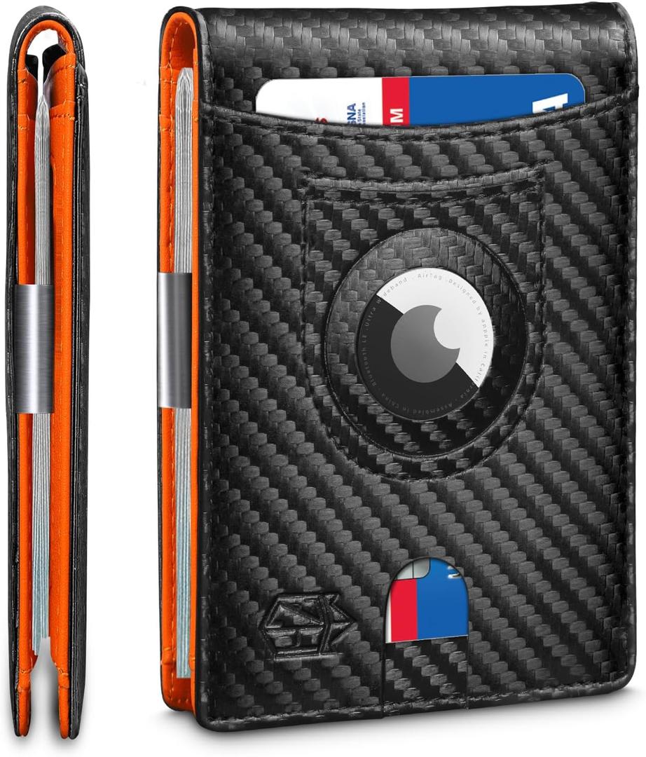Zitahli Men's Wallets Airtag Holder Slim Rfid Leather with Gift Box (Carbon Black and Orange)