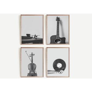 ESPWTOUD 4Pcs Black and White Minimalist Music Canvas Wall Art, Vintage Guitar Violin Vinyl Record Musical Instruments Poster Print, Wall Decor Artwork for Music Studio Living Room Bedroom Home DecorationUNFRAMED (1624in)
