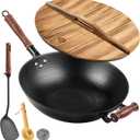 WANGYUANJI 12.6 Inch Iron Wok with Wooden Lid and Spatula, Flat Bottom Chemical-Free Uncoated Stir Fry Pan for Induction, Gas and Electric Stoves (CS turner-A)