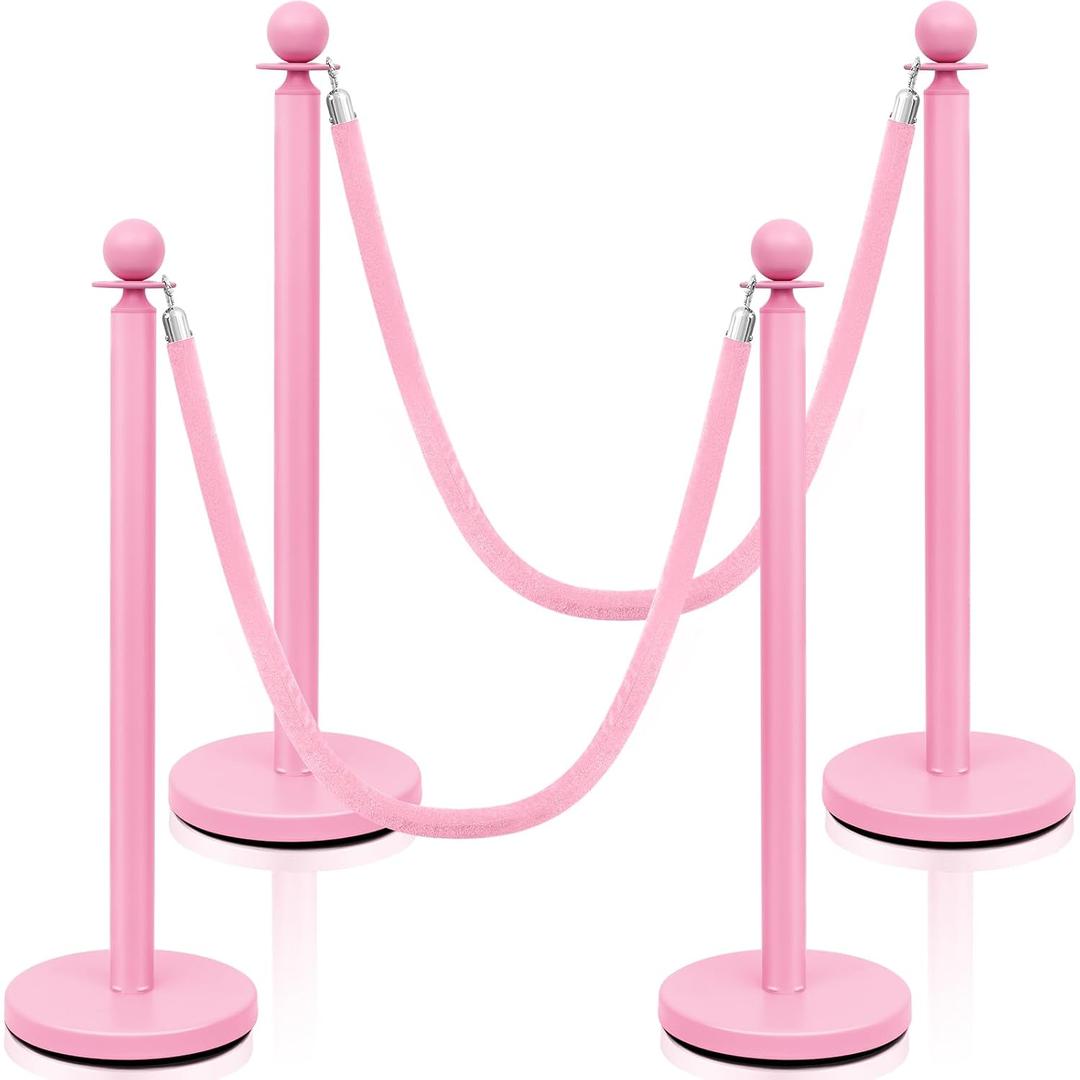 Ferraycle 4 Pcs Stainless Steel Stanchions Post Queue 38 Inch, 5 ft Velvet Rope Carpet Ropes and Pole, Control Barriers for Wedding Birthday Party Decoration Sand Injection Hollow Base Set (Pink)