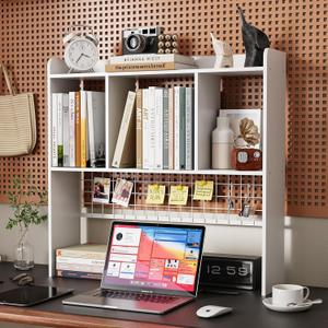 Desktop Bookshelf,Countertop Storage Hutch with 3 Shelves for Computer Desk2-Tier Display Rack with Grid Panel, Multipurpose Wood Desk Hutch Storage Organizer for Home Office Dorm (White)