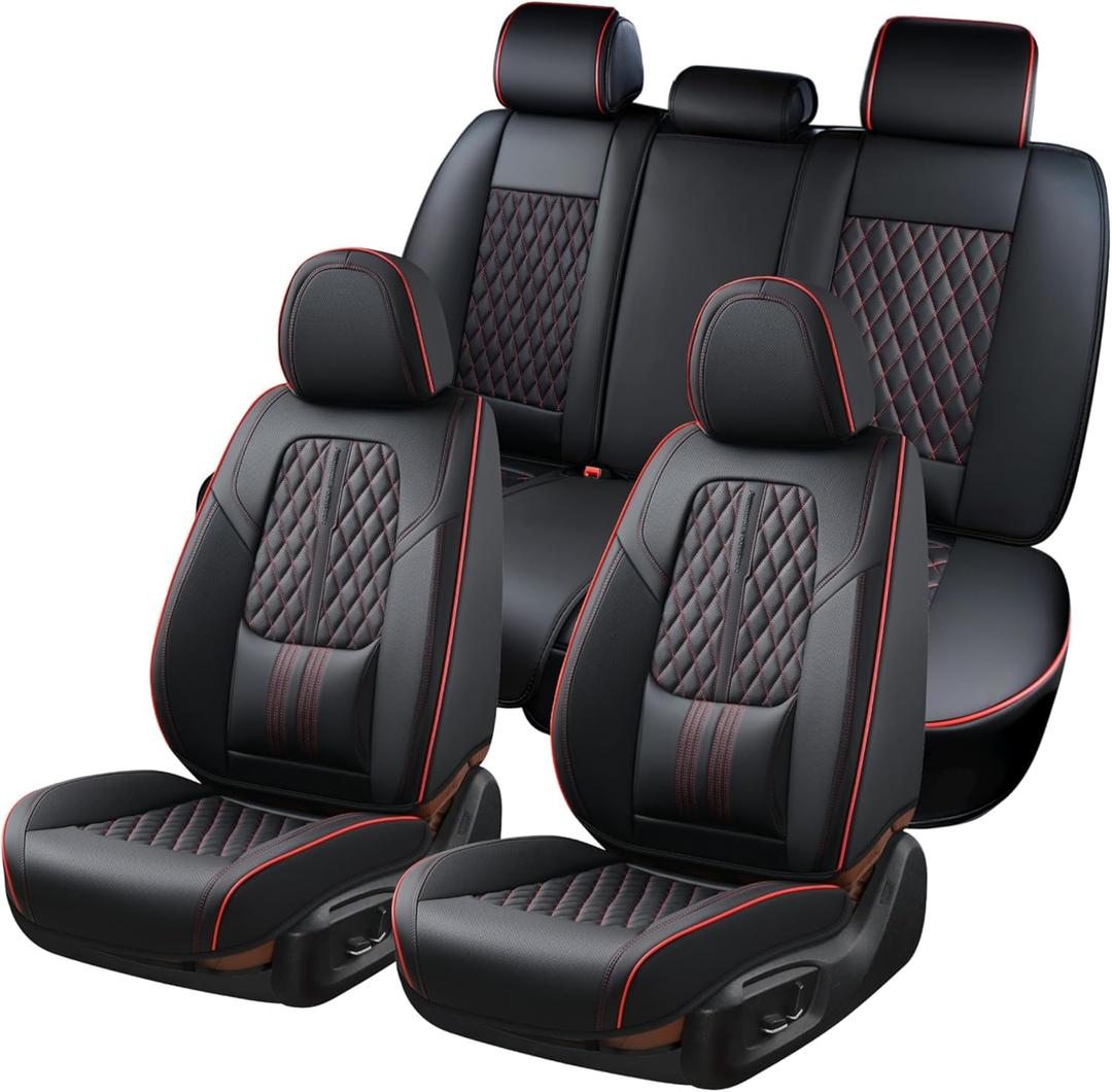Coverado Car Seat Covers Full Set, Automotive Front and Rear Seat Covers with Backrest, Nappa Leather Car Seat Protectors Waterproof, Universal for Most Vehicles,Black (Black&Red(Lumbar Support))