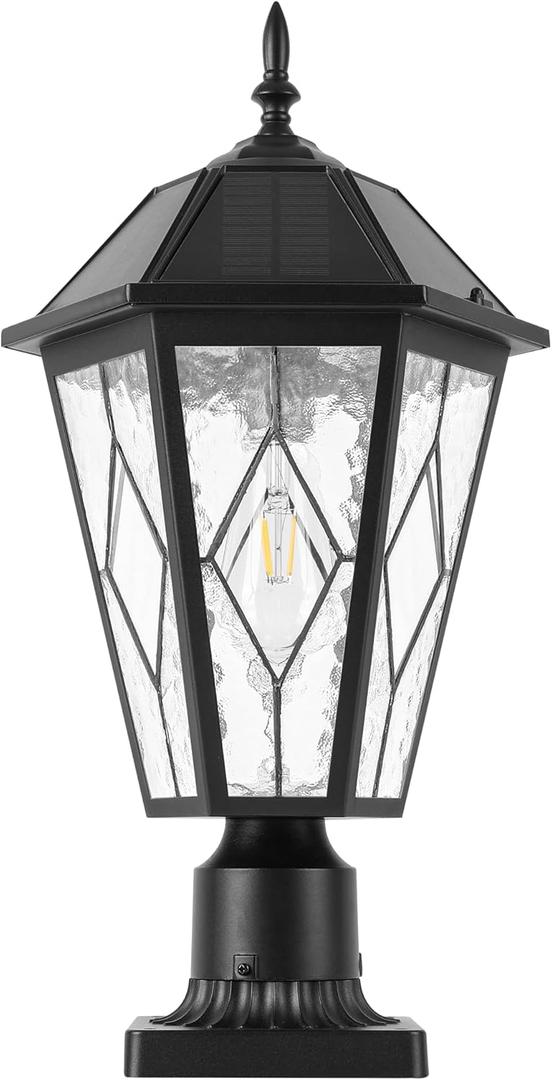 Solar Post Light Outdoor, Dusk to Dawn Vintage Post Lamp with Pier Mount Base, Wireless Black Waterproof Fence Pole Light with Art Glass for Garden Yard Patio Entryway
