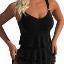 ROSEWE Womens Ruffle Tier Tankini Swimsuits, 2 Piece Set Swimwear, Bathing Suits with Mid Waisted Briefs (Medium, Black)