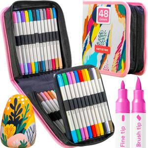 ARTISTRO Dual Tip Acrylic Paint Markers - Easy for All Ages & Levels Acrylic Paint Pens for Fabric, Rocks, Paper, Wood, Canvas, Glass, DIY (Dual Tip Brush + Fine, 48)