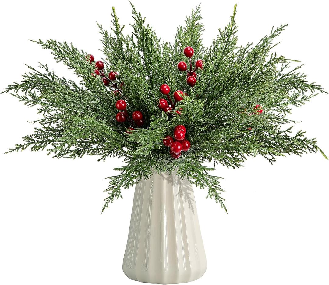 60 Pcs/Set Christmas 3D Artificial Pine Branches- 12.5 Inch Faux Evergreen Cedar Sprigs Branches- Fake Foliage Pine Needles Picks with Artificial Red Berry Stems for DIY Christmas Decoration