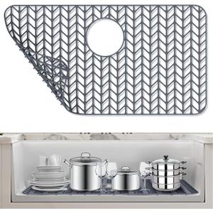 AWOKE Silicone Sink Protectors for Kitchen Sink, 26''x 14'' Folding Non-slip Sink Mat Grid, for Bottom of Farmhouse Stainless Steel Porcelain Sink with Rear Drain (Grey)