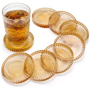 Elsjoy 8 Pack 4 Inch Glass Coasters for Drinks, Amber Tone Modern Clear Coaster Set, Round Crystal Glass Pillar Candle Holder Plates for Table Centerpieces, Home Decor