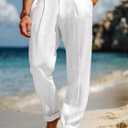 Runcati Mens Casual Pants Elastic Waist Lightweight Loose Fit Pleated Slacks Summer Beach Yoga Trousers (White)