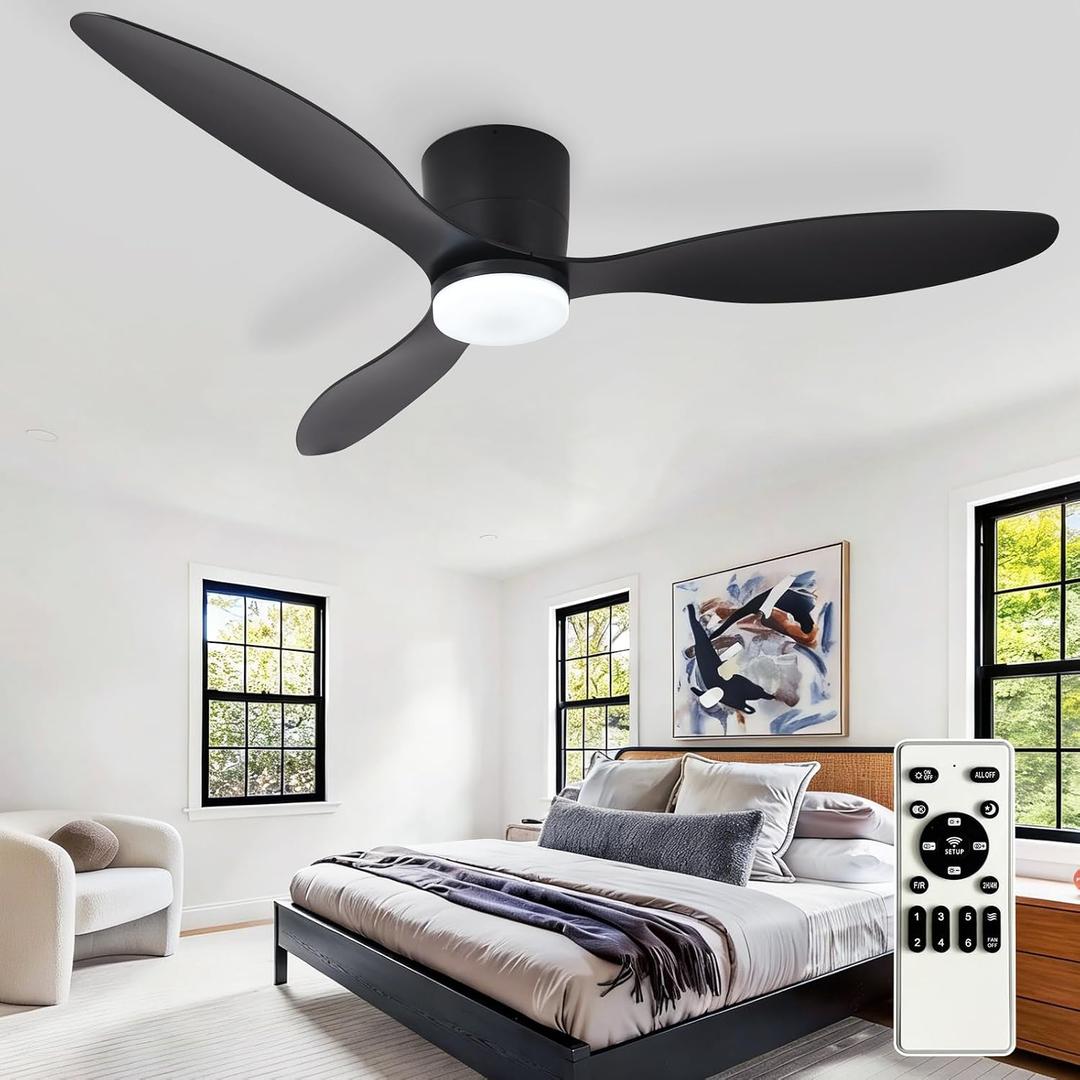 Depuley Flush Mount Ceiling Fan: 52-Inch Black Ceiling Fans with Lights for Bedroom Indoor Outdoor - Low Profile Ceiling Fans with Remote Control 24W 3CCT Dimmable 3 Reversible Black Blades 6 Speeds