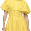 Women Summer Short Sleeve Button Front Pleated Shirt Dress Striped Collar V Neck Casual Y2k Swing Short Mini Dress, L