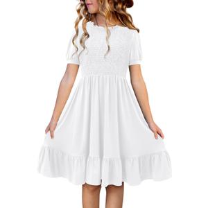 storeofbaby Girls Casual Dress Summer Puff Short Sleeve Smocked Ruffle Dresses (6-7 Years)