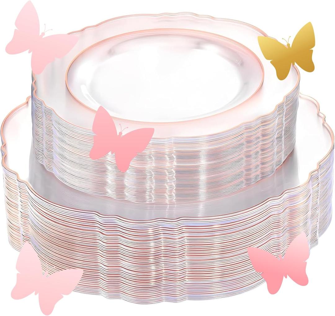 WDF 100pcs Rose Gold Plates Plastic Disposable - Baroque Clear and Rose Gold Plates for Parties or Mother's Day including 50PCS Dinner Plates 10.25 and 50PCS Salad Plates 7.5 (Clear Rose Gold)