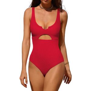 Charmo Ribbed One Piece Swimsuits for Women Cutout Scoop Neck Bathing Suit High Cut Padded Monokini (Large, #1b Red)