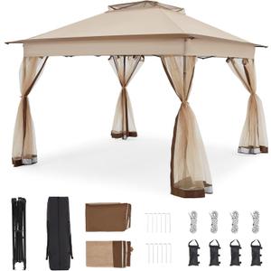 Bezseller 11x11 Pop Up Gazebo Tent with Mosquito Netting Quick Set Up, Water-Resistant Outdoor Canopy for Patio, Garden, Backyard, and More, Khaki