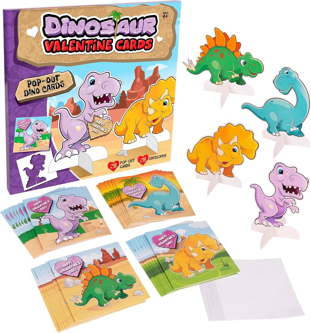 Kangaroo 28 Pack Dinosaur Valentines Day Cards with Envelopes & Stickers Bulk - Dino Pop Out Cards for Valentine - Valentines Day Cards for Kids School Classroom - Party Favors for Boys & Girls Class