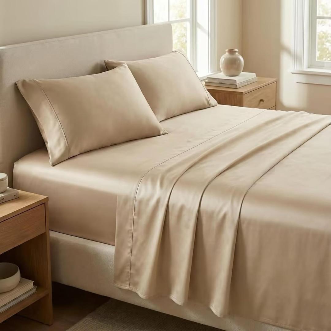 Beckham Hotel Collection Cal King Sheet Set 100% Cotton, 500TC Luxury Sateen Bedding, 16 Deep Pocket, Moisture-Wicking, 4-Piece, Sand