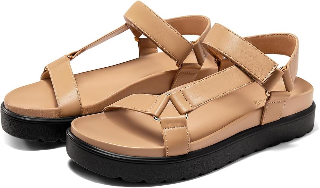 Coutgo Womens Platform Sandals Comfortable Arch Support Footbed Adjustable Ankle Strap Summer Beach Flat Sandals (7.5, Light Brown/Pu)