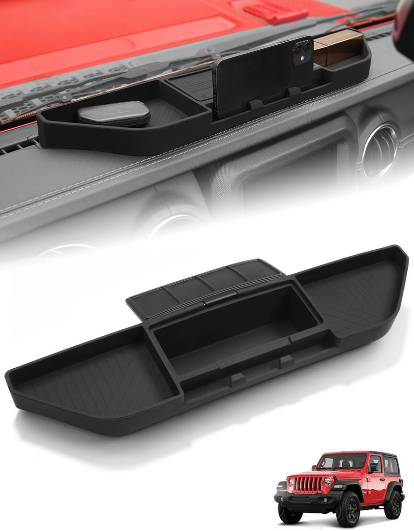JROAD Silicone Dashboard Organizer Tray with Hidden Lid for Jeep Wrangler JL 2018-2023 & Jeep Gladiator JT 2020-2023 No Rattle Non-Slip Dash Phone Mount & Storage Mat (Black)