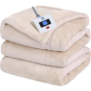 Sealy Electric Blanket Full Size, Flannel Heated Blanket with10 Heating Levels & Auto Shut Off, Machine Washable, Beige, 80 x 84 Inch