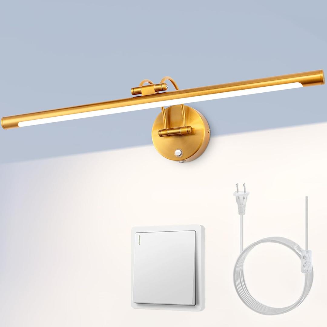 MantoLite 24'' Picture Lights for Wall,Vanity Lights for Bathroom,Plug-in or Hardwired,12W 3000K LED Dimmable Modern Bathroom Lighting Fixtures Over Mirror and Wall Lights for Bedroom(Brass)