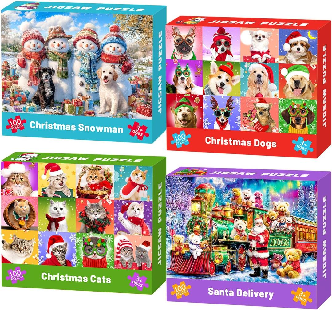 4 Packs Christmas 100 Piece Puzzles for Kids Ages 4-6 6-8 8-10, Snowman Dogs Cats Train Christmas Jigsaw Puzzles Kids Puzzles Ages 5-8, Xmas Gifts Stocking Stuffers for Boys Girls