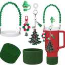 Christmas Stanley Cup Accessories Set Including 1pcs 0.4in Straw Covers, 1 Water Bottle Handle Strap, 2 Cute Christmas Charms and 1 Silicone Boot for Stanley 40oz & 30oz Tumbler (Green)