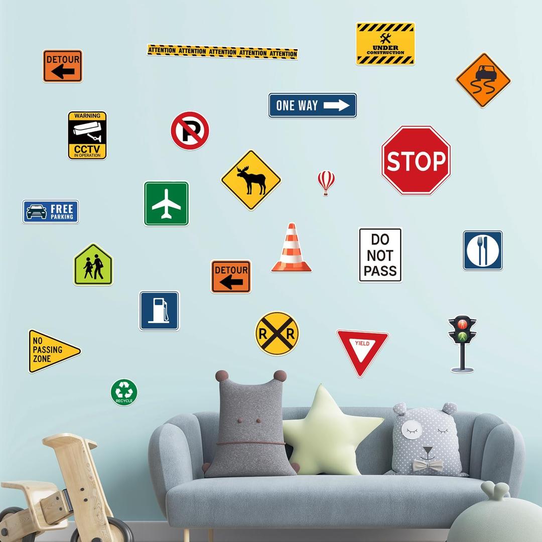 42 Pieces Mega Size Waterproof Road Traffic Street Signs Wall Decal Stickers Vinyl Wall Decals for Young People Bedroom Classroom Playroom Birthday Decor (Flat Packing 5 Sheets 17"X11")