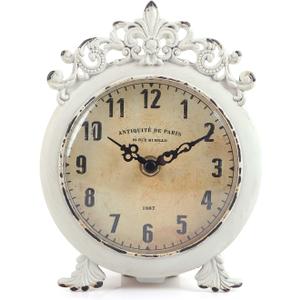 NIKKY HOME Small Vintage Table Clock, Decorative Shelf Desk Top Clock Battery Operated Round French Design, Farmhouse Home Decor for Bathroom, Tabletop, Desktop, Countertop, Rustic Beige