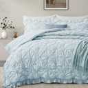 BEDAZZLED Queen Comforter Set, Cornflower Blue Pinch Pleat Ruffle, 3 Pieces | Soft Microfiber Bedding Set, Pintuck Texture, Farmhouse Shabby Chic Style, Lightweight & Breathable, All Season Comfort