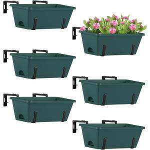 ETELI 6 Pack Deck Railing Planter Boxes with Adjustable Metal Hanging Brackets, Indoor Outdoor Hanging Window Boxes Planters with Drainage Tray for Patio, Lawn, Green & Black