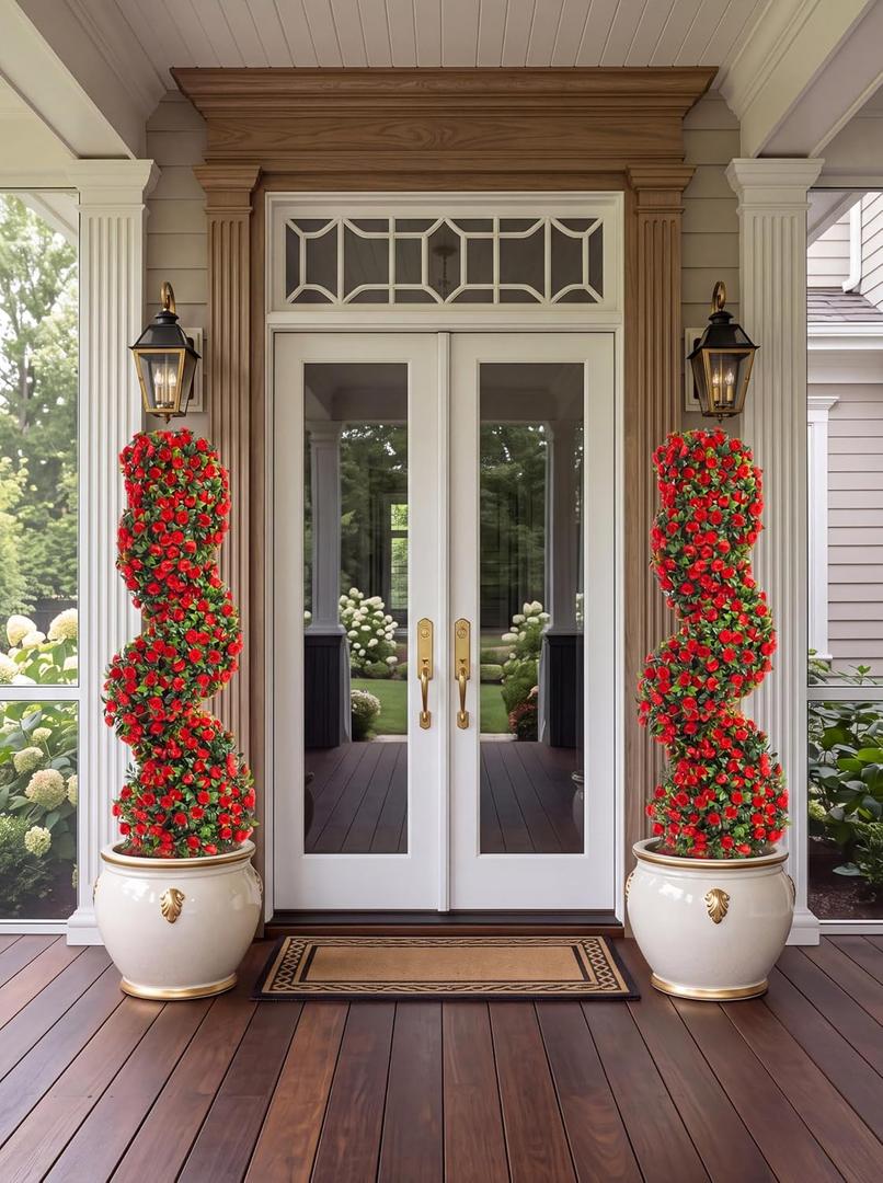 Yunlly 2 Pcs 3FT Tall Artificial Spiral Topiary Trees with Red Rose Bushes, 36" High End Outdoor Fake Plants with Spike, Realistic Large Fake Rose Shrubs for Front Door, Garden, Porch Decor