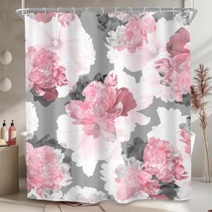 SVBright Pink Gray Flower Shower Curtain, Peony Floral Spring Watercolor Shower Curtain Woman Rose Nature Abstract Modern 60Wx72L Inch 12 Pack Hooks Polyester Waterproof Fabric Bathroom Panels