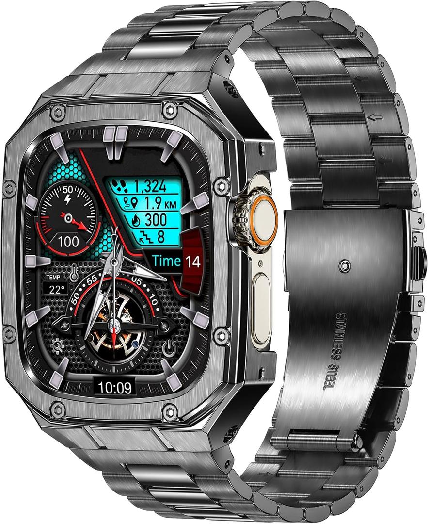 Stainless Steel Watch Band with Case Compatible with Apple Watch Ultra 3 2 1 band (49mm), Rugged Strap with Metal Protective Bumper Cover for iWatch Bands Men (Grey)